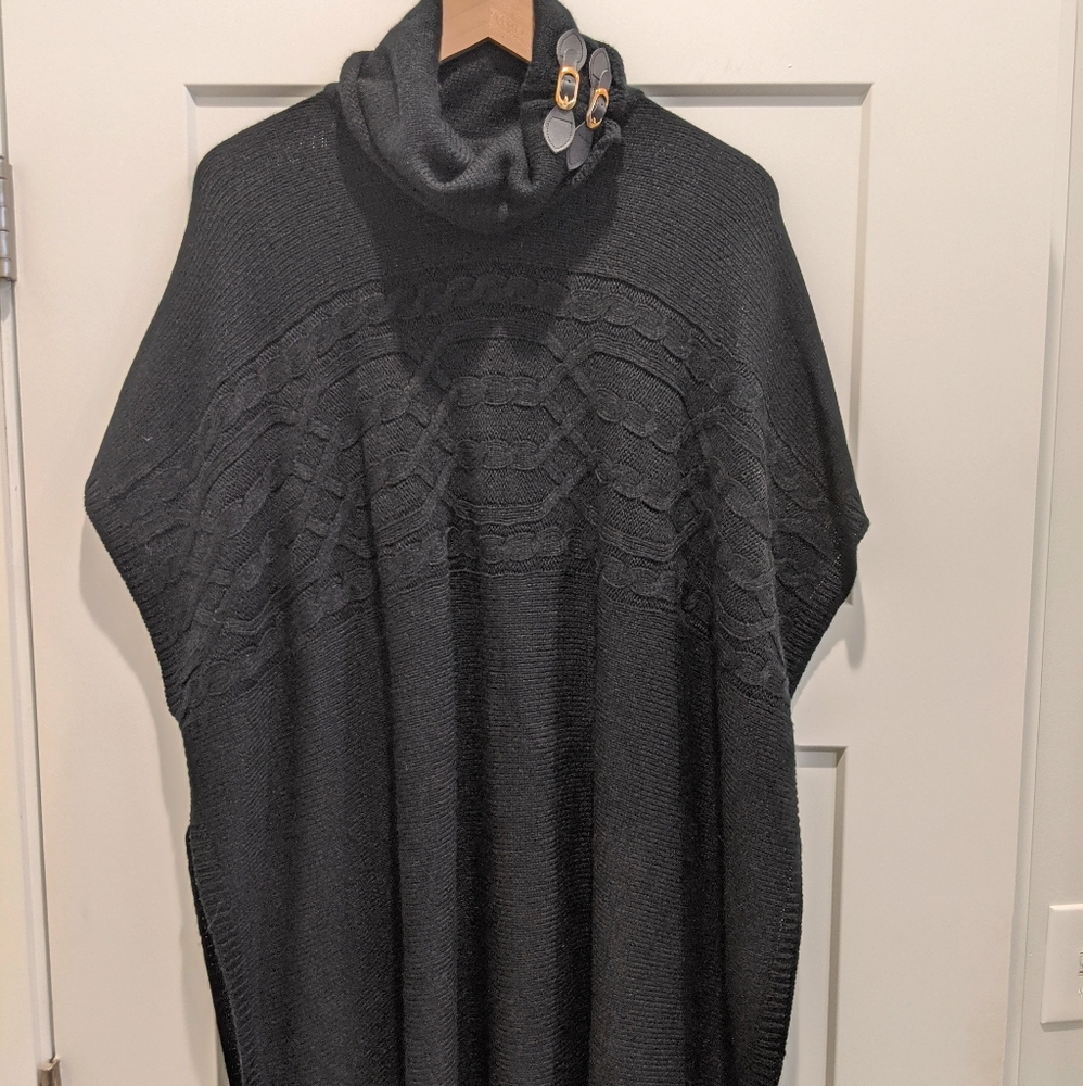 Women's Black Poncho Sweater with Cowel Neck